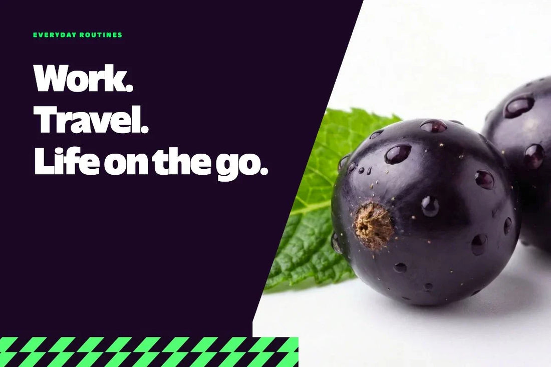 Work, travel and everyday routines with blackcurrant and mint flavor imagery