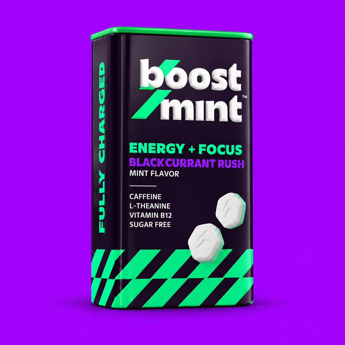 BoostMint Blackcurrant Rush caffeine mints concept tin, front view on a purple background