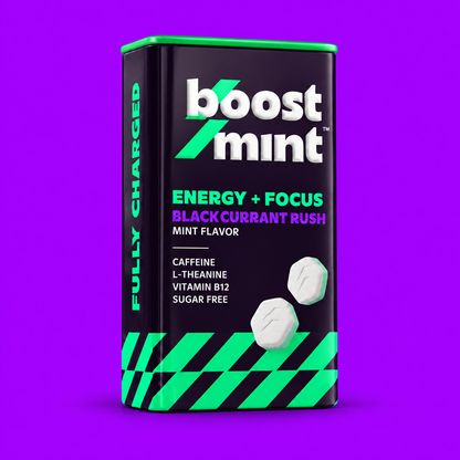 BoostMint Blackcurrant Rush caffeine mints concept tin, front view on a purple background