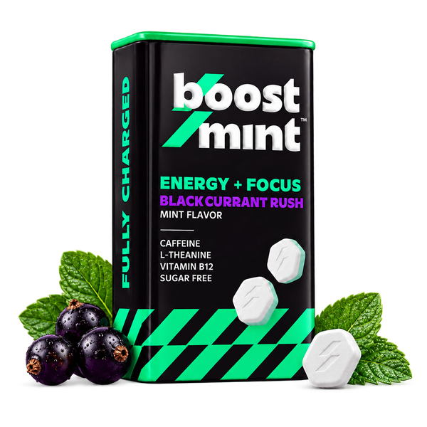 BoostMint Blackcurrant Rush tin with electric green and purple branding
