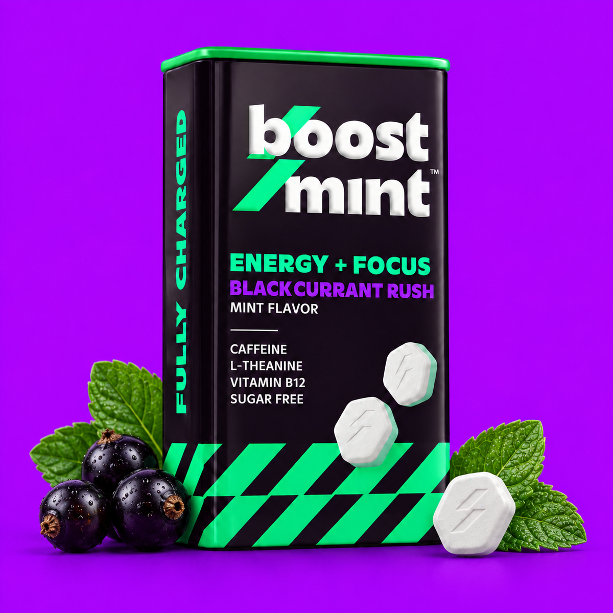 BoostMint Blackcurrant Rush caffeine mints concept tin with blackcurrants, mint leaves and a loose mint on a purple background